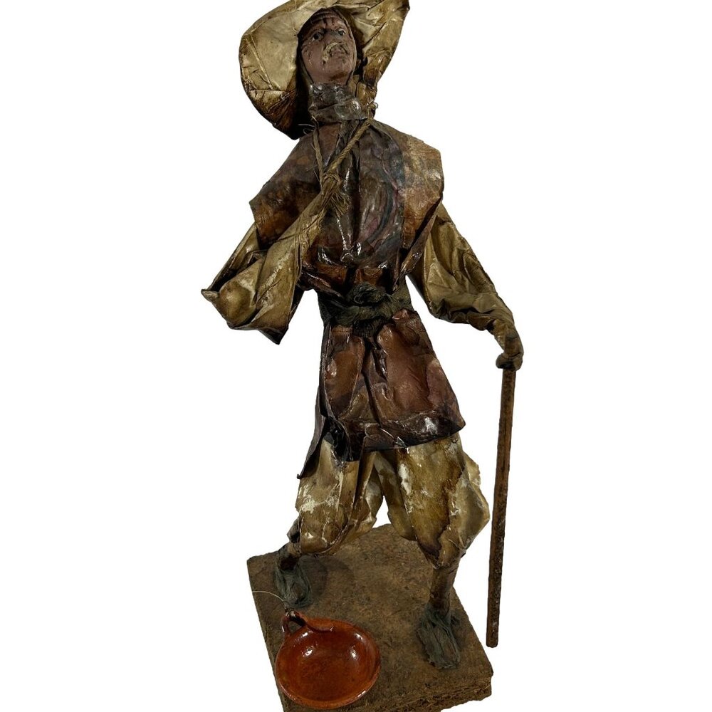 Vintage Mexican Folk Art Paper Mache Man Figure Walking Stick Pots Jug Hat Brown